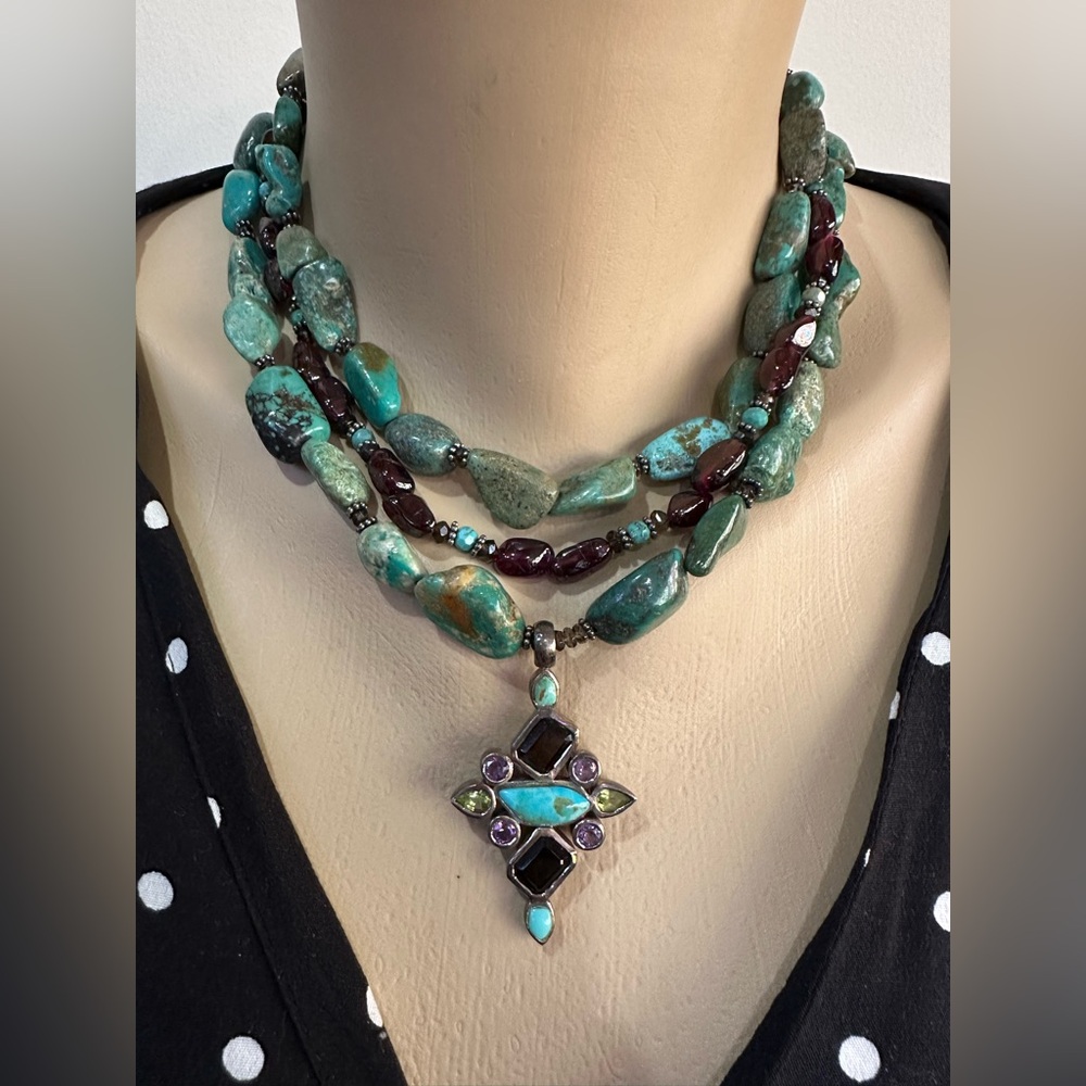 Sterling Silver Turquoise Multi-Gem Necklace: Garnet, Amethyst & Peridot - Picture 6 of 6